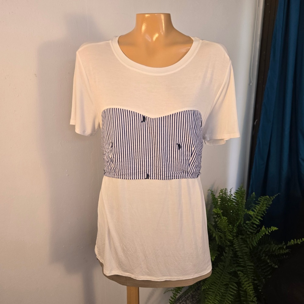 T.D.C. Womens Mixed Media Corset Top XL White Blue Stripe Tie Back Coastal Tiara